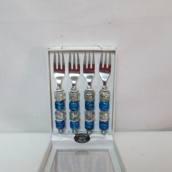 Wild Eye Designs Appetizer Art Glass small Forks silverware blue 2 Sets NEW NIB - Picture 2 of 9